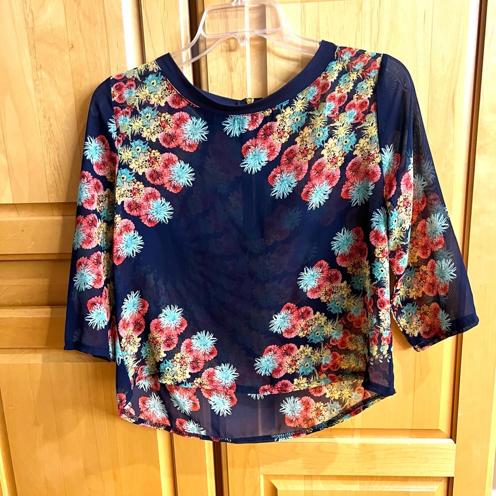 Sheer Top, M, Gorgeous, Navy With Pink, Yellow, Green